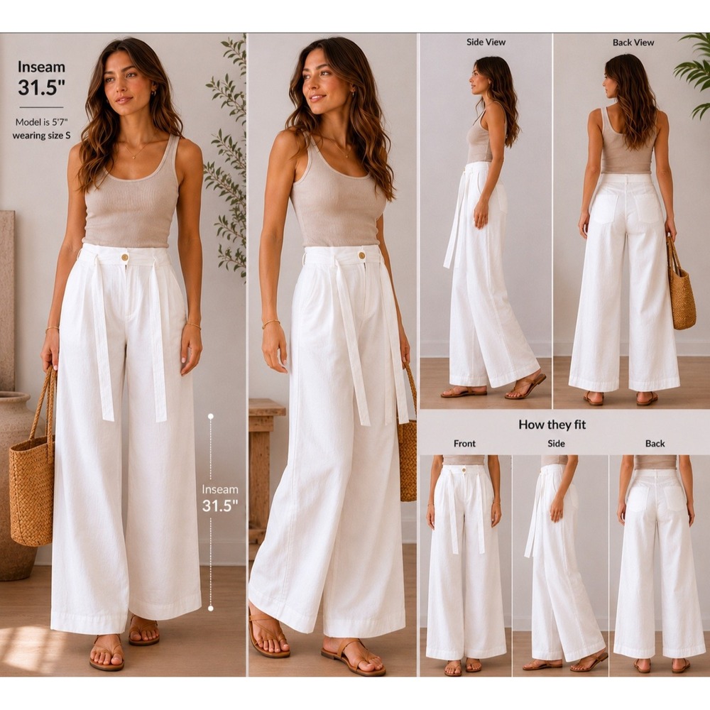 Donna Karan New York Womens White Wide‎ Leg Belted Coastal Pants Size 8 NWT